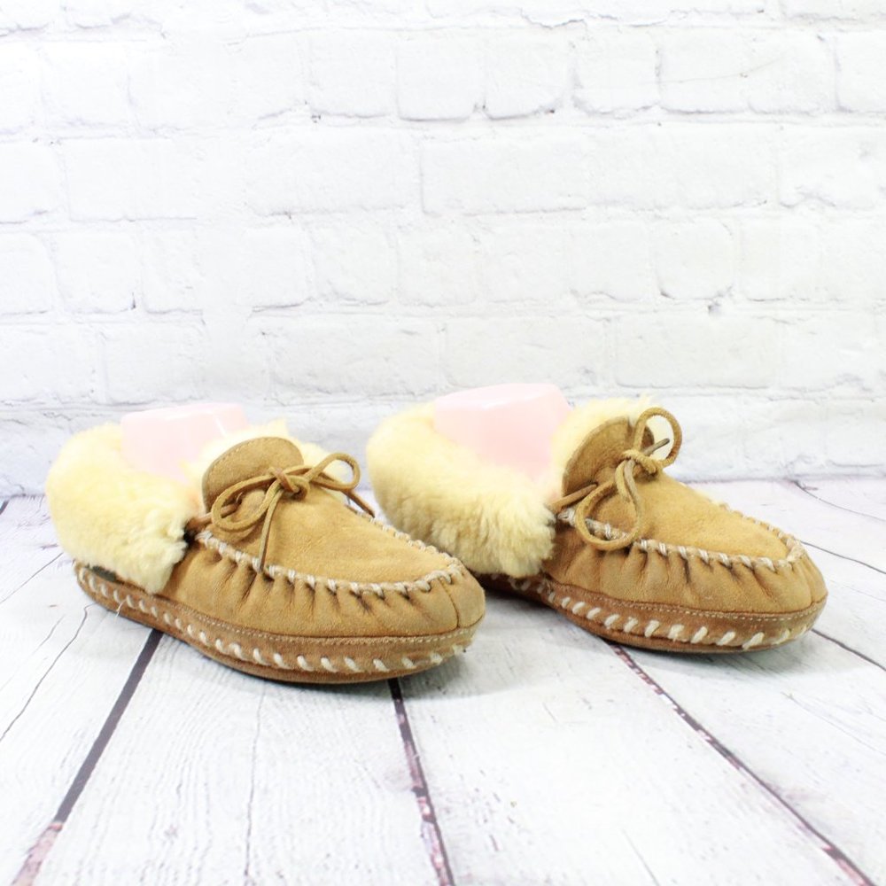 LL BEAN Brown Shearling Lined Wicked Good Moccasin Slippers Size 6 M - Picture 3 of 9